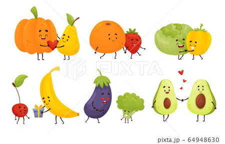 Happy Fruits and Vegetables Falling in Love with Each Other Vector Set 64948630