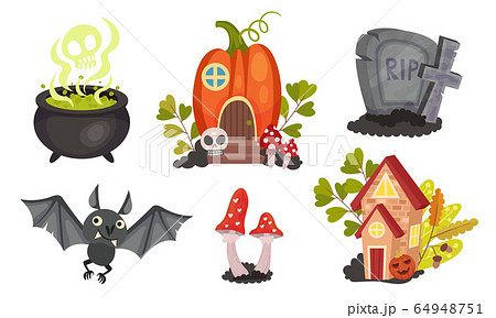 Sinister Halloween Holiday Symbols with Cauldron and Gravestone Vector Set 64948751