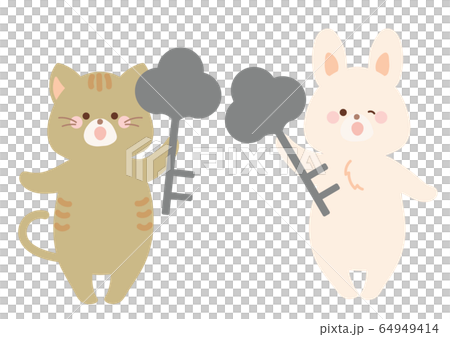 Rabbit and cat holding a key 64949414