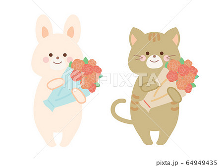 花束を持つうさぎと猫 セットのイラスト素材