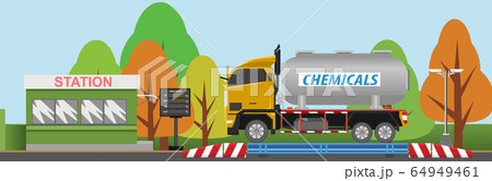 Chemical trucks on the weighing scales on the company side. Access control kiosk with weight display panel and CCTV. 64949461