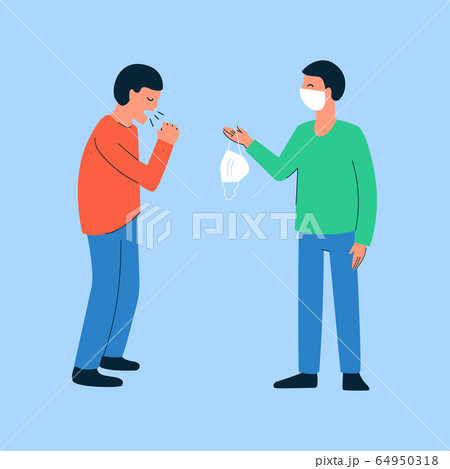 Modern vector isolated illustration in flat style. Composition with people. Healthy smiling man giving mask to a coughing, sneezing man. Personal respiratory hygiene. Coronavirus COVID-19 quarantine 64950318