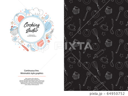 Culinary products and cooking utensils. Cupcakes, plates, spoons, cook hat. 64950752