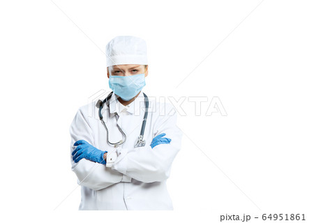 Female young doctor with stethoscope and face mask isolated on white studio background 64951861
