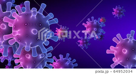 Coronavirus COVID-19 medical background with technology styled schematic grid viruses floating in blue and purple scientific abstraction 64952034
