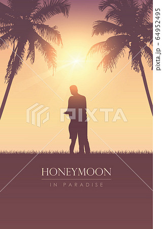 couple in love silhouette honeymoon in paradise on tropical palm background couple in love silhouette honeymoon in paradise on tropical palm background 64952495