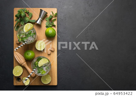 Mojito cocktail ingredients, lime, mint, water, Mojito cocktail ingredients, lime, mint, water, 64953422