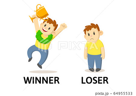 Words WINNER and LOSER textcard with text cartoon characters. Opposite nouns explanation card. Flat vector illustration, isolated on white background. 64955533