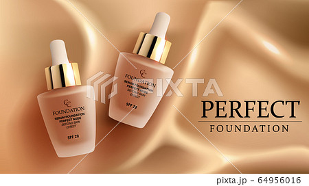 Foundation makeup, advertising design template for catalog with concealer cream glass packaging mock up with liquid foundation on the nude silk background vector illustration. 64956016
