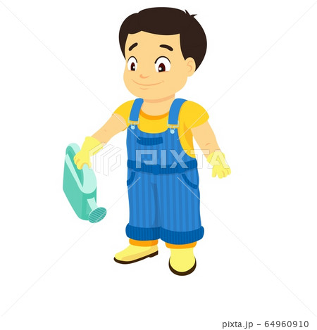 Boy in a denim overall holding a watering can Boy in a denim overall holding a watering can 64960910