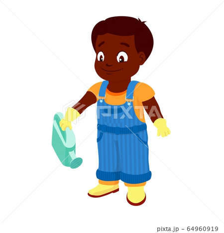 Boy in a denim overall holding a watering can Boy in a denim overall holding a watering can 64960919