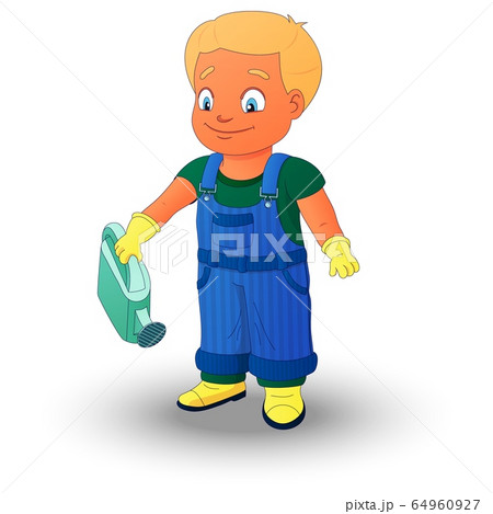 Boy in a denim overall holding a watering can Boy in a denim overall holding a watering can 64960927