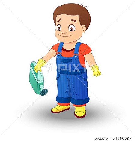 Boy in a denim overall holding a watering can 64960937