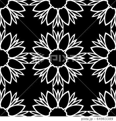 Black and white seamless pattern, texture, floral geometric design, retro, vintage ornament 64963389
