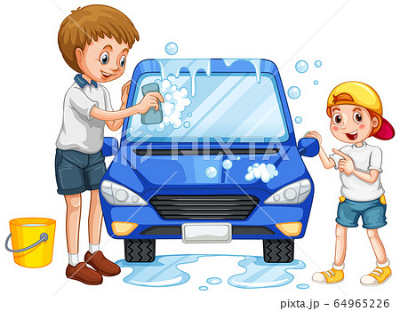 Father and son washing car on white background 64965226