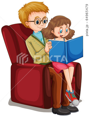 Father reading story to little girl on white 64965479