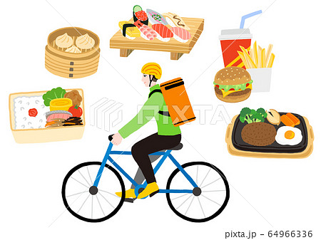 自転車に乗っている配達員の男性　出前　デリバリー　宅食 64966336