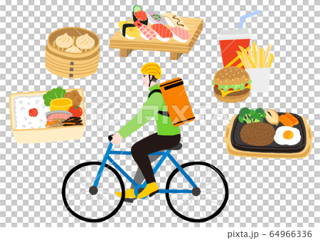 自転車に乗っている配達員の男性　出前　デリバリー　宅食 64966336