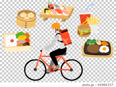 自転車に乗っている配達員の女性　出前　デリバリー　宅食 64966337