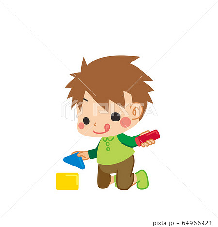 積み木で遊んでいる小さな男の子のイラスト素材