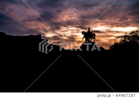 Colorful Sunrise burning sky Koblenz City historic monument German Corner where river rhine and mosele flow together 64967197
