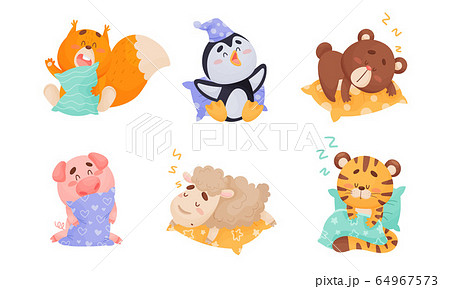 Cute Cartoon Animals Sleeping on Pillow and Yawning Vector Set 64967573
