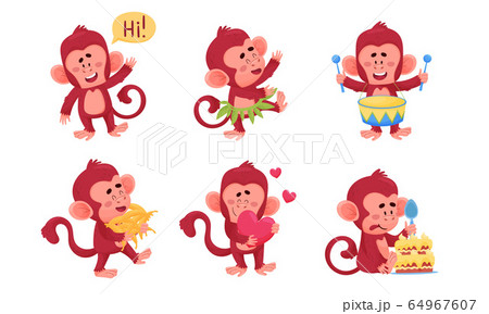 Funny Cartoon Monkey Dancing and Playing Drum Vector Set 64967607