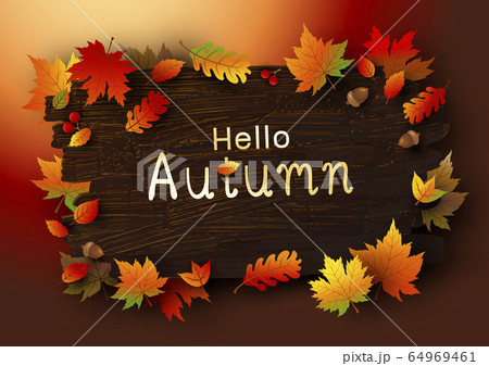 Autumn leaves on brown wood background 64969461