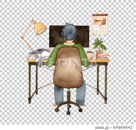 手描き水彩｜パソコンに向かう男性と猫  水彩イラスト 64969642