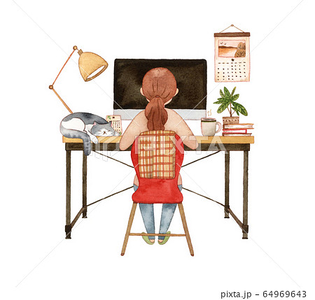 手描き水彩｜パソコンに向かう女性と猫  水彩イラスト 64969643