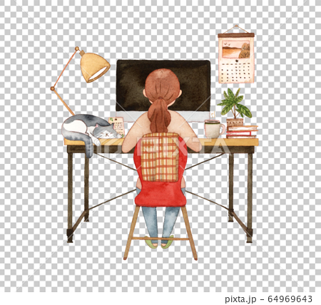 手描き水彩｜パソコンに向かう女性と猫  水彩イラスト 64969643