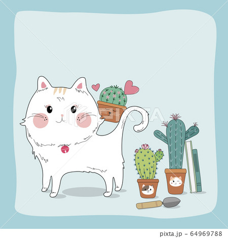 Hand drawn sketch cute cat and cactus Hand drawn sketch cute cat and cactus 64969788