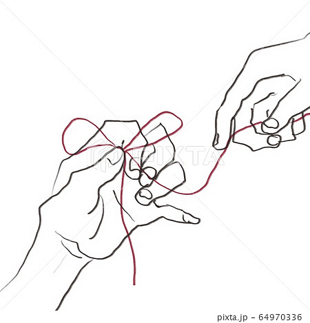 白背景に赤い糸 紐で 蝶々結びをする指 手 のイラスト素材