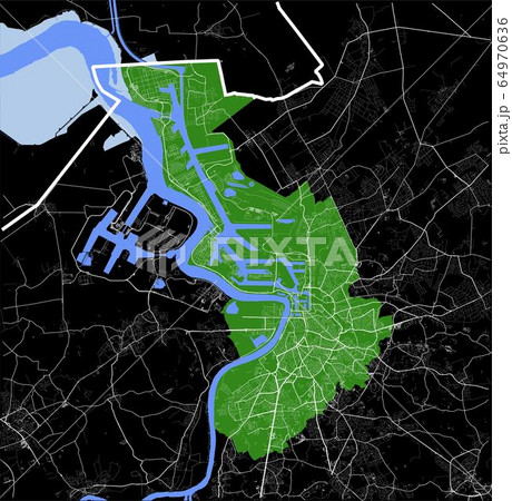 Antwerpen Antwerp administrative green map with rivers, water, roads and highways on black background 64970636