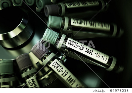 Tube of biological sample contaminated by Coronavirus with label Covid-19. Vials of blood in a centrifuge. Pandemic infectious concept. 3D 64973053