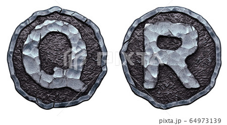 Set of capital letters Q, R made of forged metal in the center of coin isolated on white background. 3d 64973139