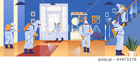 Home disinfection by commercial disinfecting services, surface treatment from pandemic coronavirus. Disinfectant workers wear protective mask and suit sprays covid-19. Vector illustration Home disinfection by commercial disinfecting services, surface treatment from pandemic coronavirus. Disinfectant workers wear protective mask and suit sprays covid-19. Vector illustration 64973378