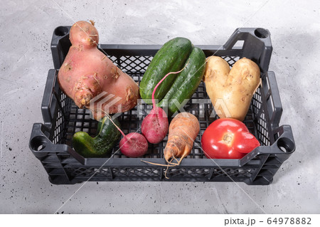 Close-up set of fresh ripe healthy ugly vegetables in plastic box on grey concrete background. Waste zero concept. Close-up set of fresh ripe healthy ugly vegetables in plastic box on grey concrete background. Waste zero concept. 64978882