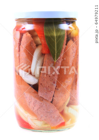 czech pickled sausages in vinegar isolated czech pickled sausages in vinegar isolated 64979211