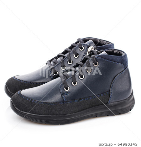 Blue baby boy shoes isolated on white. 64980345