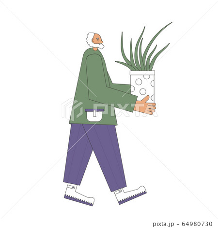 Plant lover. Man with indor flower pot. Vector 64980730