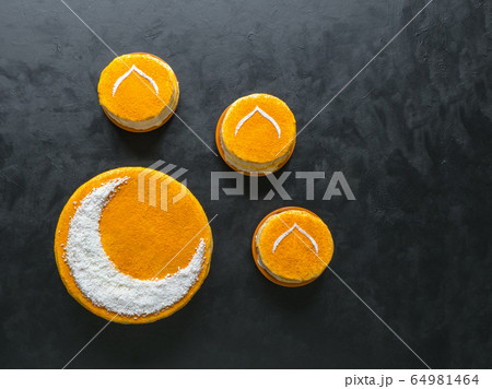 Homemade golden cake with a Crescent moon. Homemade golden cake with a Crescent moon. 64981464
