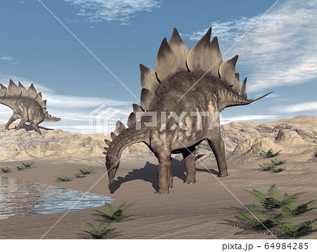 Stegosaurus dinosaur near water - 3D render 64984285