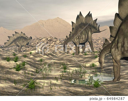 Stegosaurus dinosaur near water - 3D render 64984287