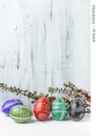 Easter eggs decorated with wax resist technique 64984982