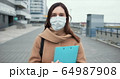 Epidemic control worker. Portrait of Caucasian social care woman in medical face mask in empty street during quarantine. 64987908
