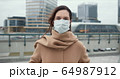 COVID-19 epidemic protection, danger and fear atmosphere. Portrait of beautiful Caucasian woman putting mask on outside. 64987912