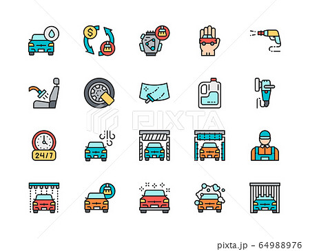 Set of Car Wash Flat Color Icons. Auto Washing, Wheel Lock, Windshield and more. Set of Car Wash Flat Color Icons. Auto Washing, Wheel Lock, Windshield and more. 64988976