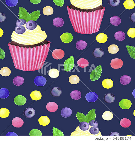 pattern of watercolor colored dots cupcake with blueberries pattern of watercolor colored dots cupcake with blueberries 64989174