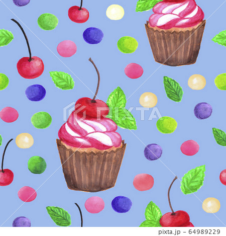 pattern of watercolor colored dots cupcake with cherry 64989229